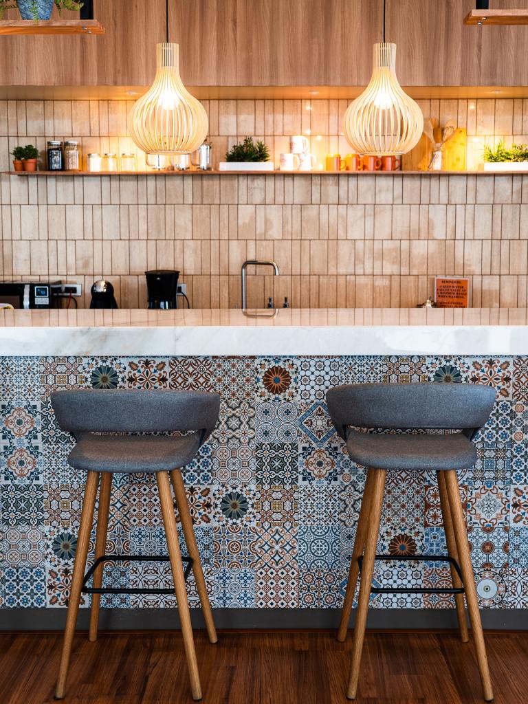 Gorgeous patterned tiles on a kitchen breakfast bar