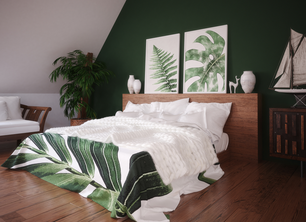 Stunning contemporary loft bedroom conversion featuring a green feature wall