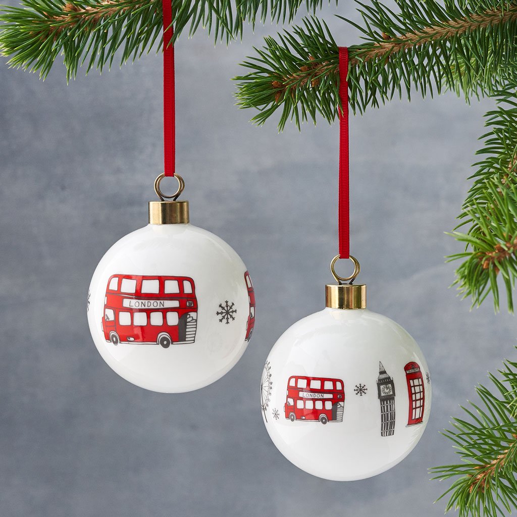 Christmas baubles and tree decorations with a London theme