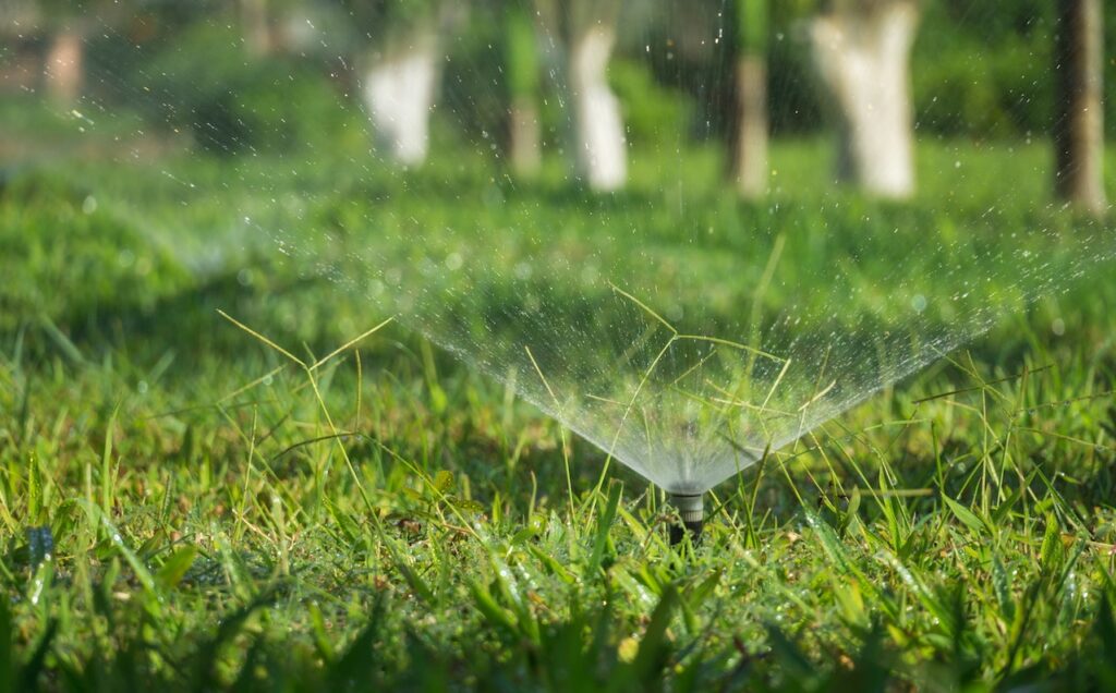 A close view of a sprinkler that is spraying water onto the nearby grass.