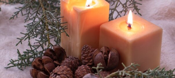 Two candles and some small pinecones