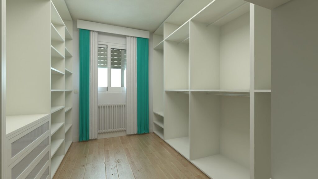  a walk-in closet with built-in shelves
